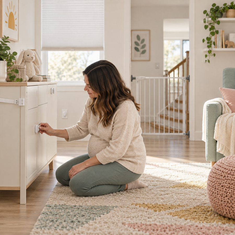 An expectant parent installing a cabinet latch in a softly colored babyproofed home with a secured stair gate