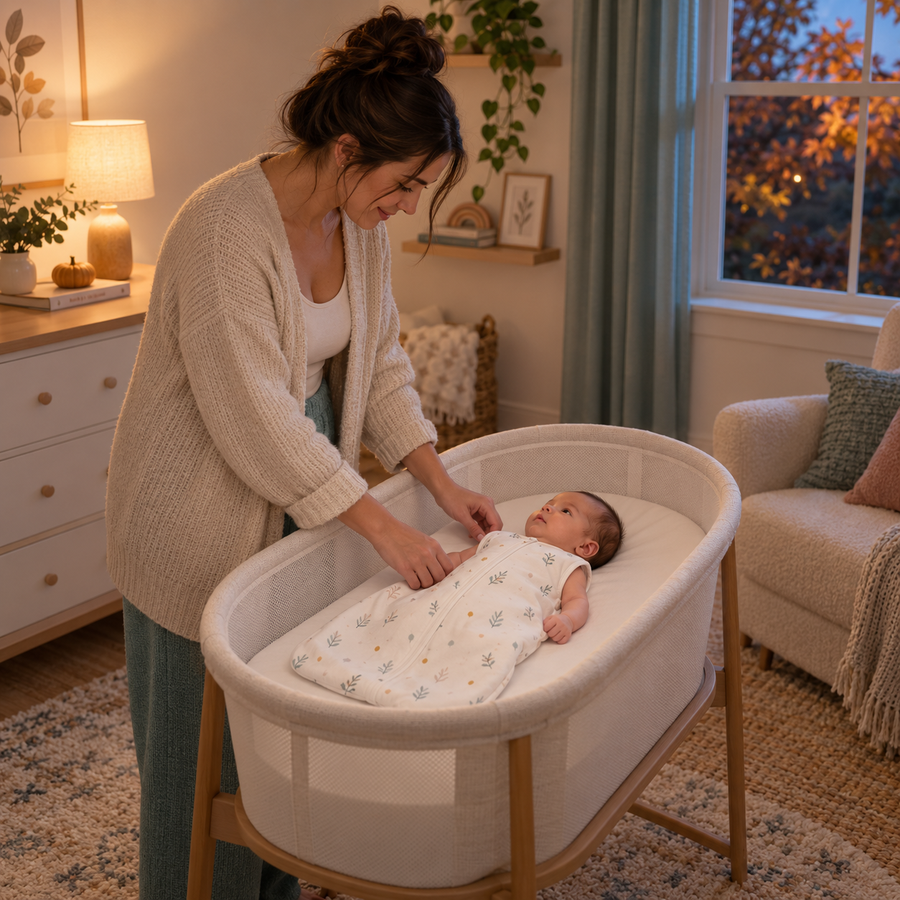 A parent settling a newborn on their back in a bare bassinet on a cool fall evening