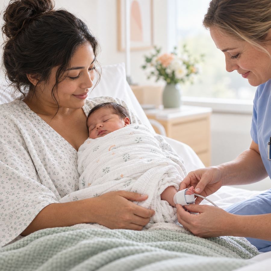 A parent holding a swaddled newborn while a nurse performs a gentle pulse oximetry screening