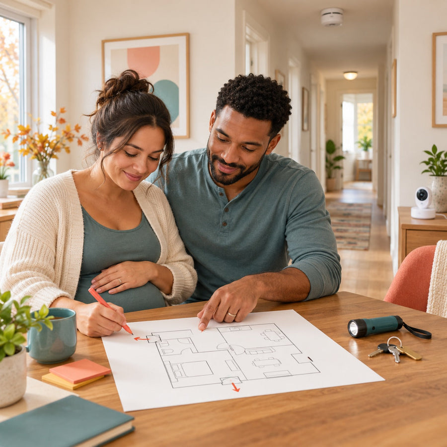 Expectant parents drawing a home fire escape plan beside a clear hallway, smoke alarm and safely charging baby monitor