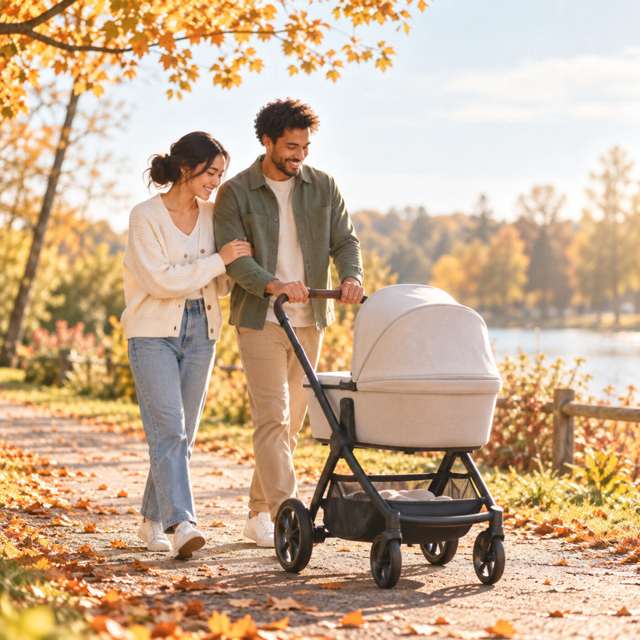 Parents taking their newborn for a first fall walk in a bassinet stroller on a sunny park path