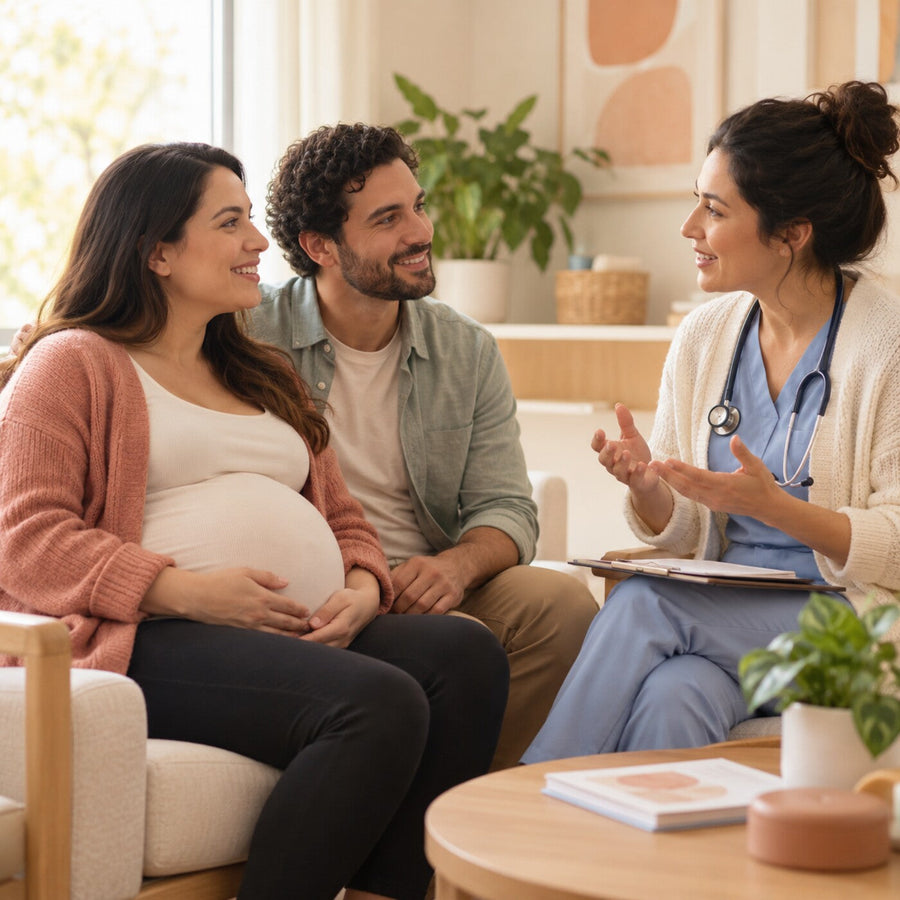 Expectant parents discussing prenatal care choices with a midwife in a bright clinic