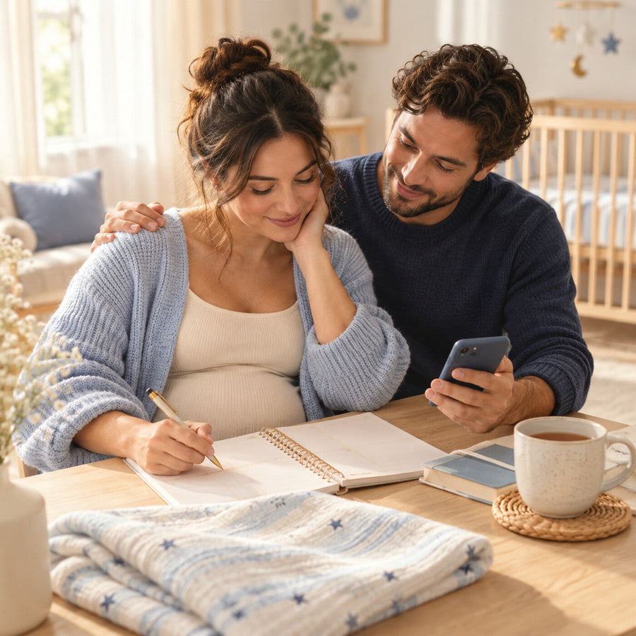 Expectant parents creating a postpartum mental health support plan together beside an empty crib
