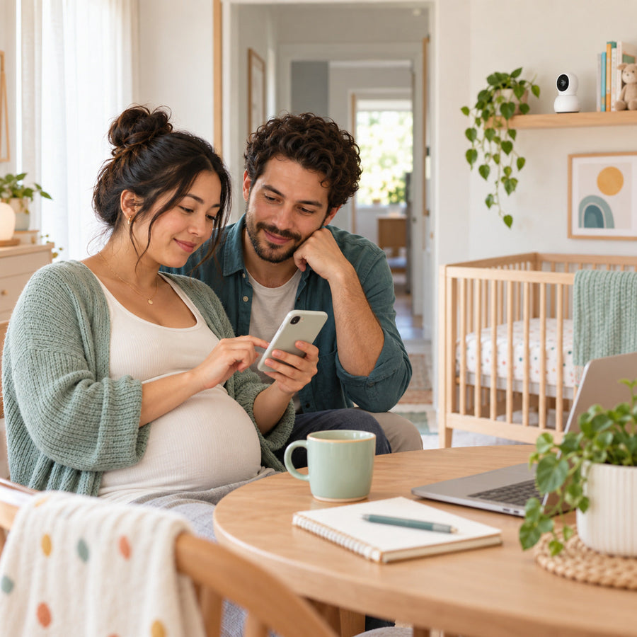 Expectant parents securing a nursery camera account on a phone beside a calm crib and clear hallway