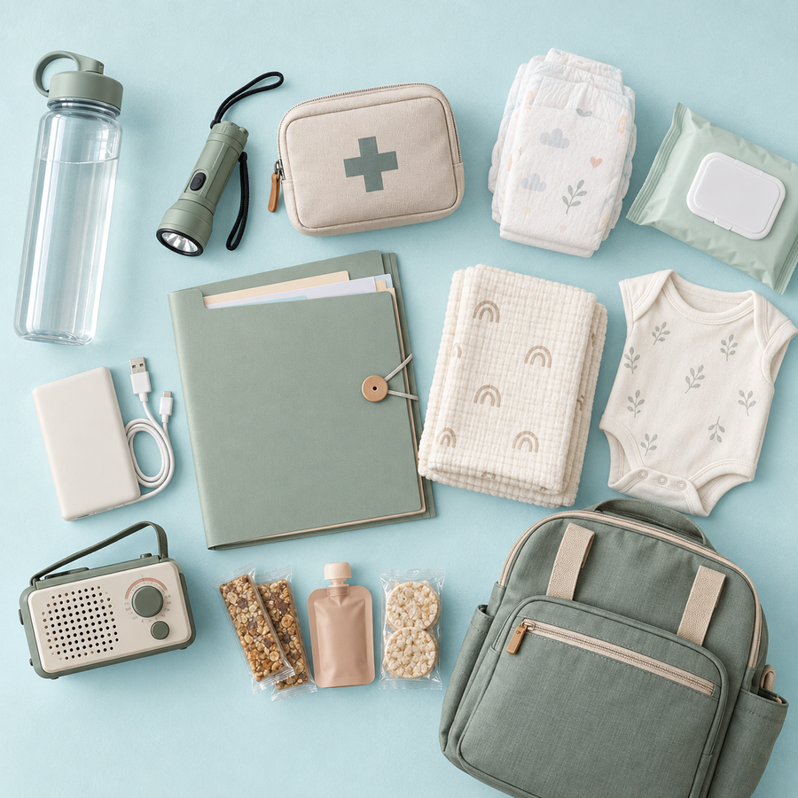 Pastel pregnancy and newborn emergency kit with water, flashlight, documents, diapers, wipes, baby clothes, radio, and portable charger