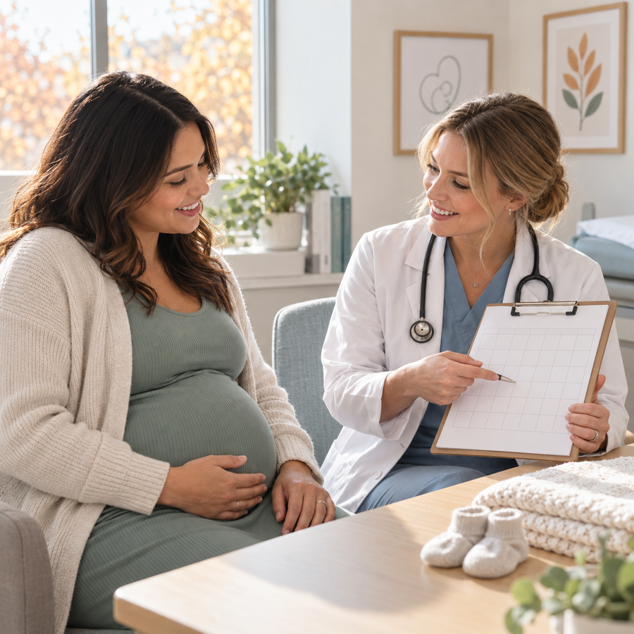An expectant parent discussing an RSV protection timeline with a prenatal clinician