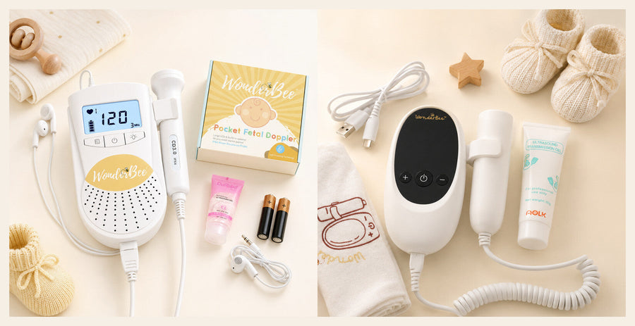 WonderBee Classic and Nova Pocket Fetal Dopplers shown side by side with their included accessories