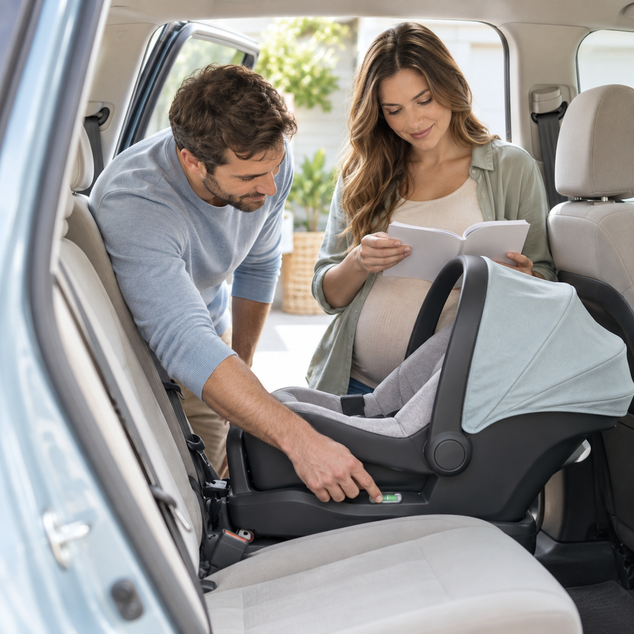 Expectant parents checking a rear-facing infant car seat in the back seat before their baby arrives