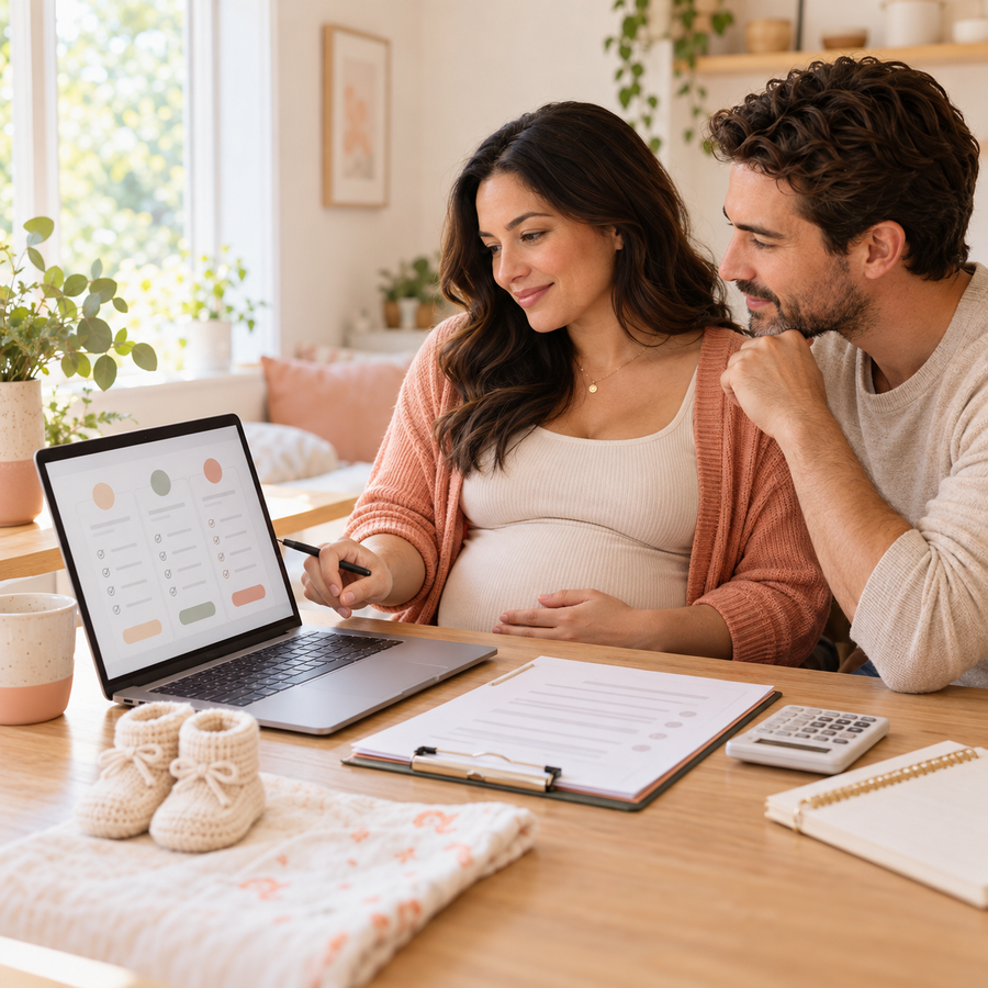 Expecting parents comparing health insurance plans at a bright home table