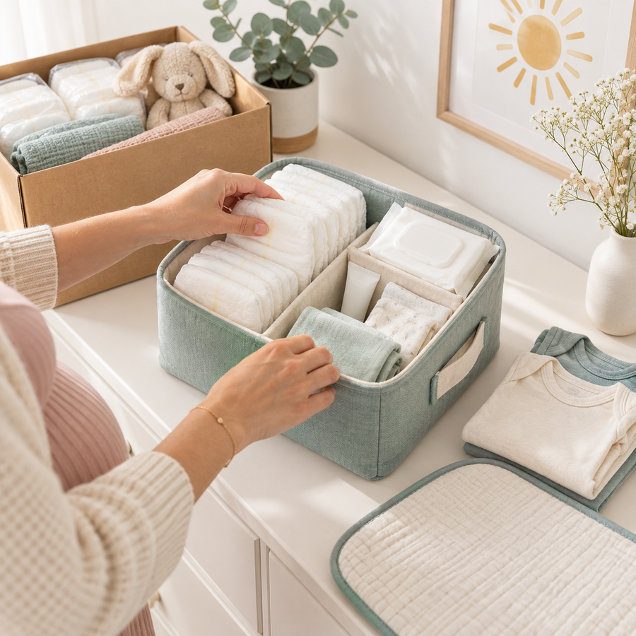 An expectant parent organizing newborn diapers and changing supplies beside a small donation box