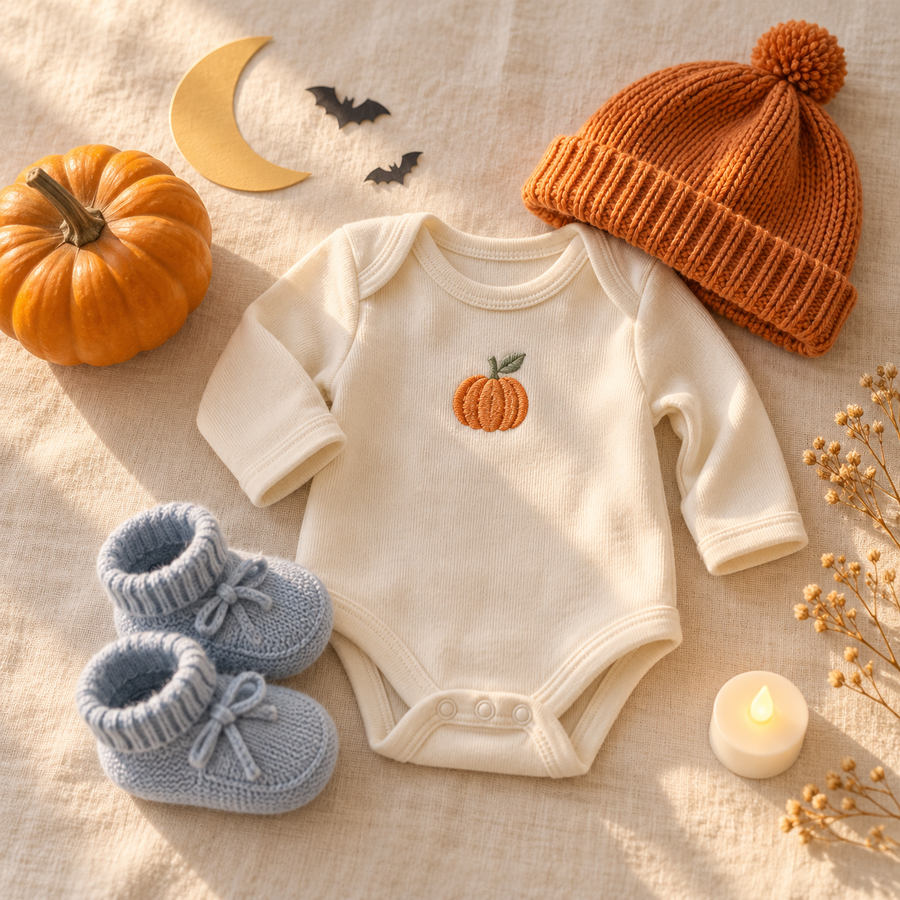 Cream baby bodysuit, blue booties and orange knit hat arranged with a pumpkin and battery LED light for a baby's first Halloween