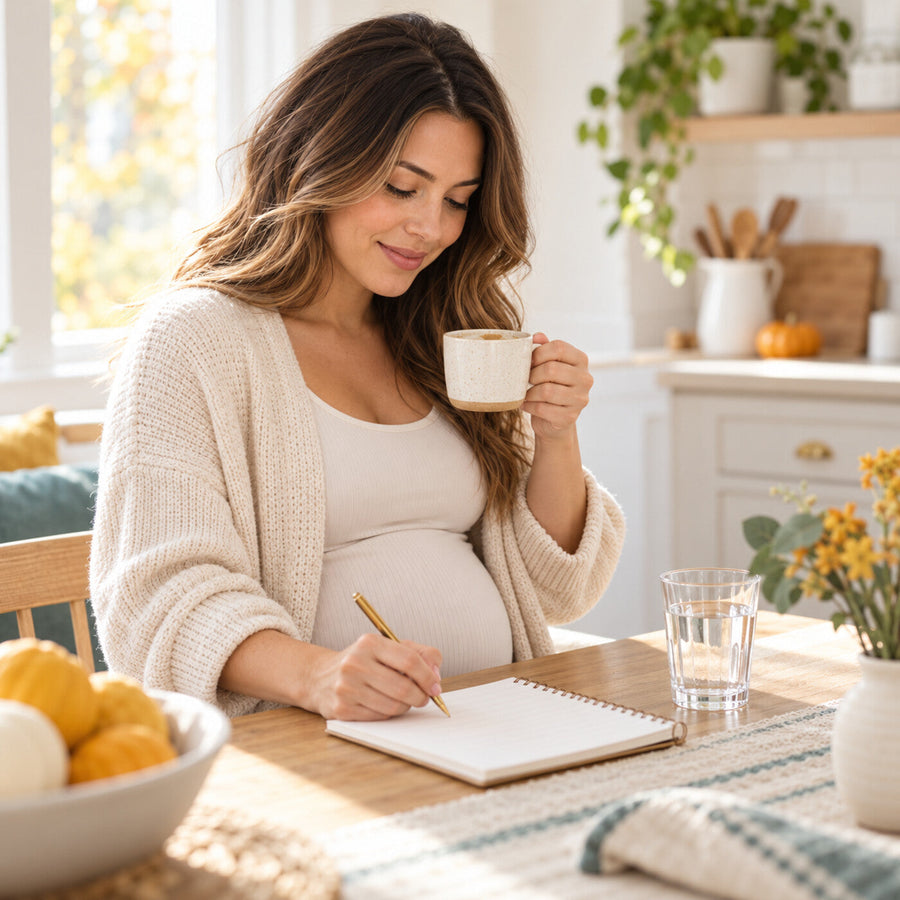 Expectant parent enjoying a small cup of coffee while tracking caffeine intake beside a glass of water