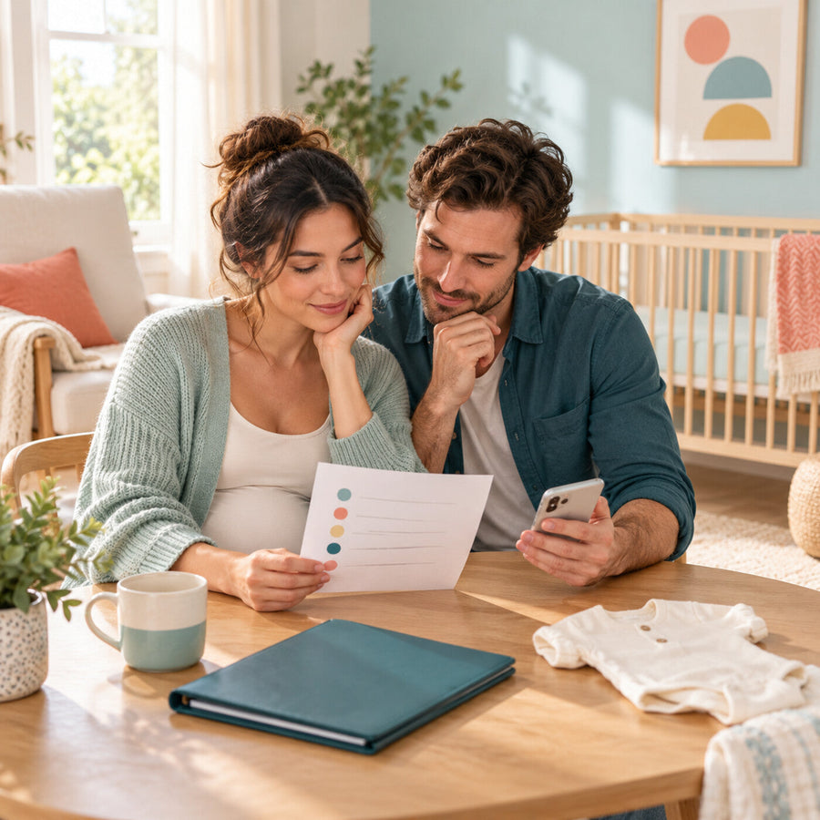 Expectant parents reviewing pediatrician questions together beside an empty crib