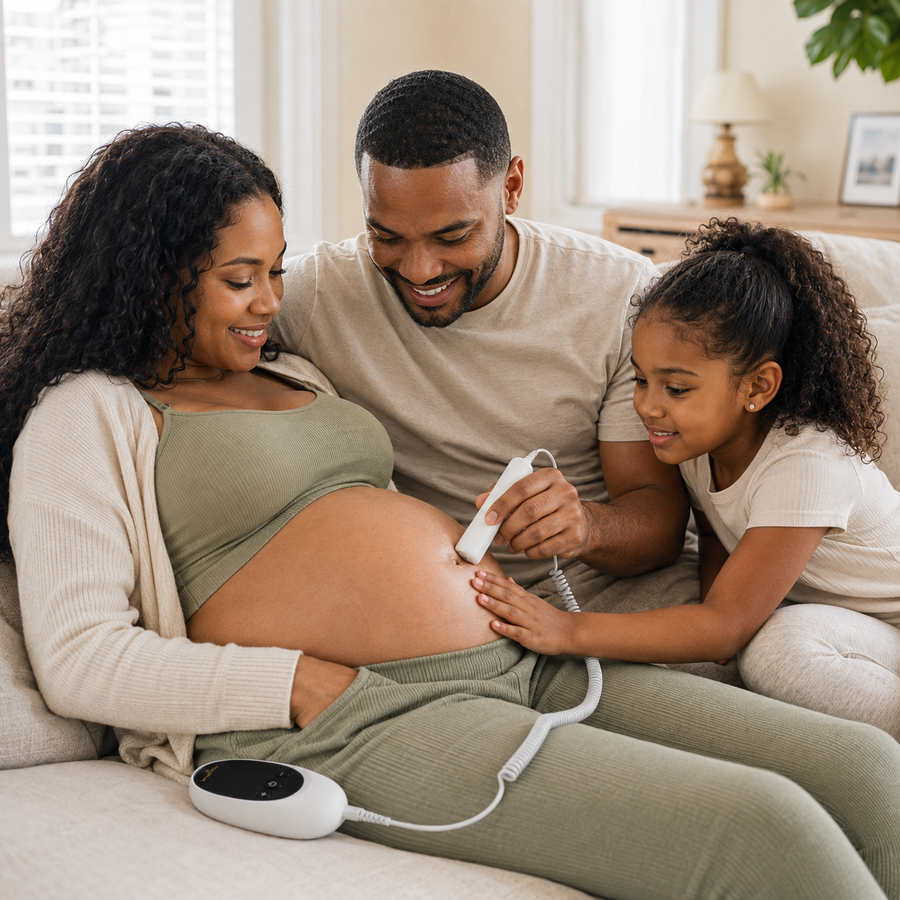 Expectant family sharing a quiet bonding moment with the WonderBee Nova Pocket Fetal Doppler