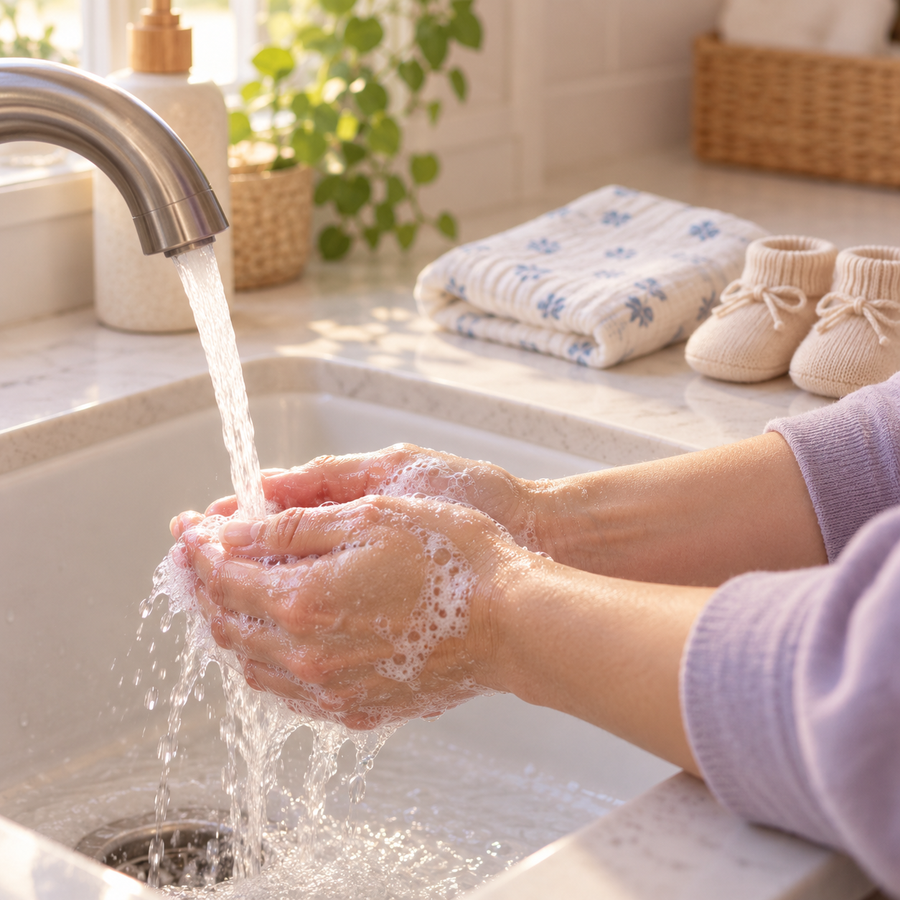 Adult washing hands with soap beside clean baby booties and a folded muslin cloth before holding a newborn