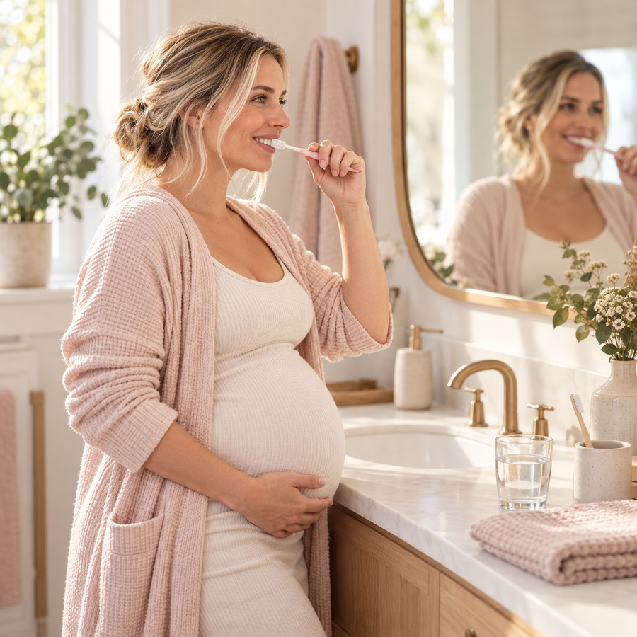 Pregnant woman brushing her teeth at a bright bathroom vanity