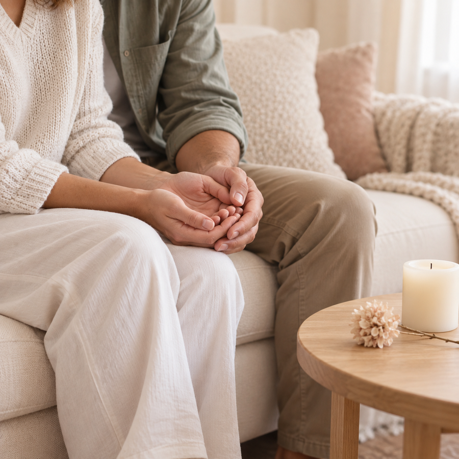 Two adults sitting together as one gently holds the other's hands beside a remembrance candle