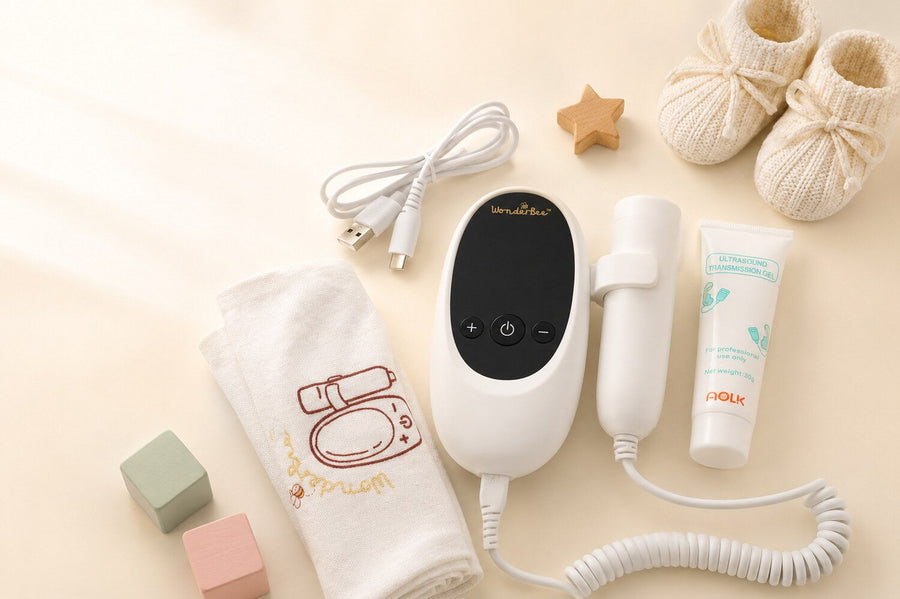 WonderBee Nova fetal Doppler with USB-C cable, probe, gel and storage pouch